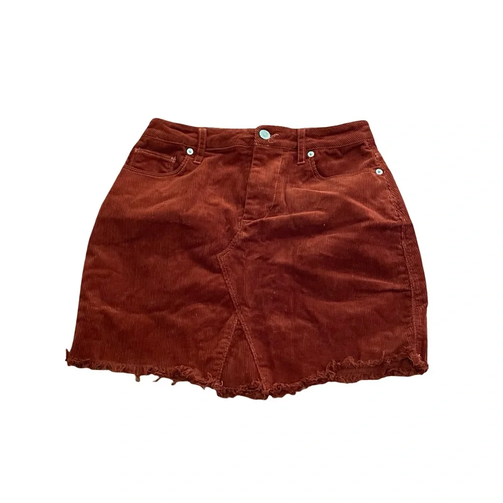 Love Tree rust corduroy mini skirt cotton spandex size SMALL belt loops 5 pocket - Picture 5 of 13